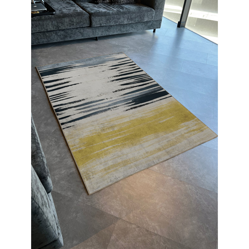 Tapis décoratif moderne jaune-bleu à rayures et vagues, Rectangle 4'11.06" x 9'10.11"