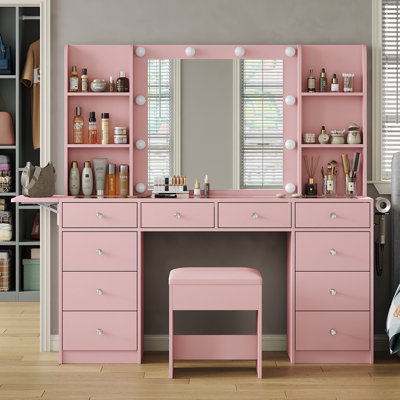 Makeup Vanity with Lighted Mirror, Charging Station, 4 Shelves, Fold-Up Panel, 10 Drawers, 3 Lighting Modes