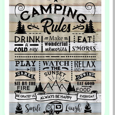 Happy Camper Farmhouse Shower Curtain - Travel Trailer Bathroom Decor, Camping Rules Quote, Small Narrow Fabric Set with Hooks
