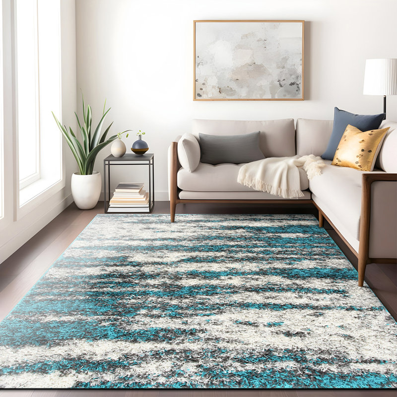 Tapis à poil long turquoise / gris / blanc Solana, Rectangle 7 pi 10 po x 10 pi
