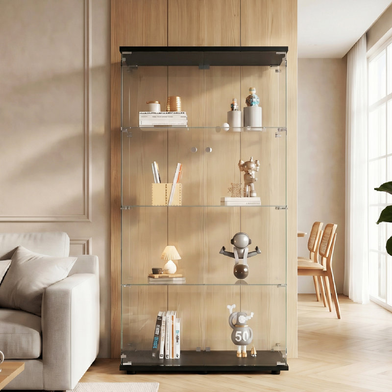 4-Tier Double Door Glass Display Cabinet,  Large Floor Standing Curio Cabinet with Toughened Glass, Optional LED Lighting, Black / White