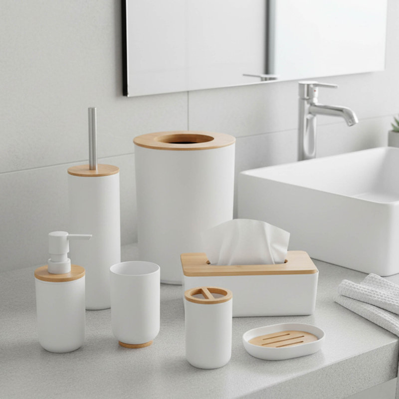 Ensemble de brosse de toilette et support autoportant avec bambou PADANG, Blanc/brun