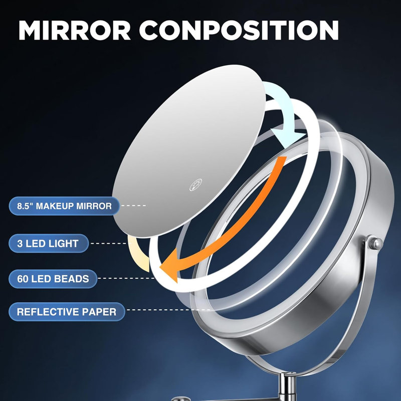 Miroir de maquillage mural lumineux avec miroir extensible 1X / 15X à double face avec bras extensible 3 modes de couleurs