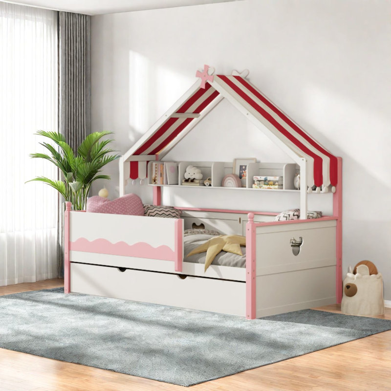 Lit de jour avec rangement House, lit simple en bois aggloméré pour enfants, Blanc