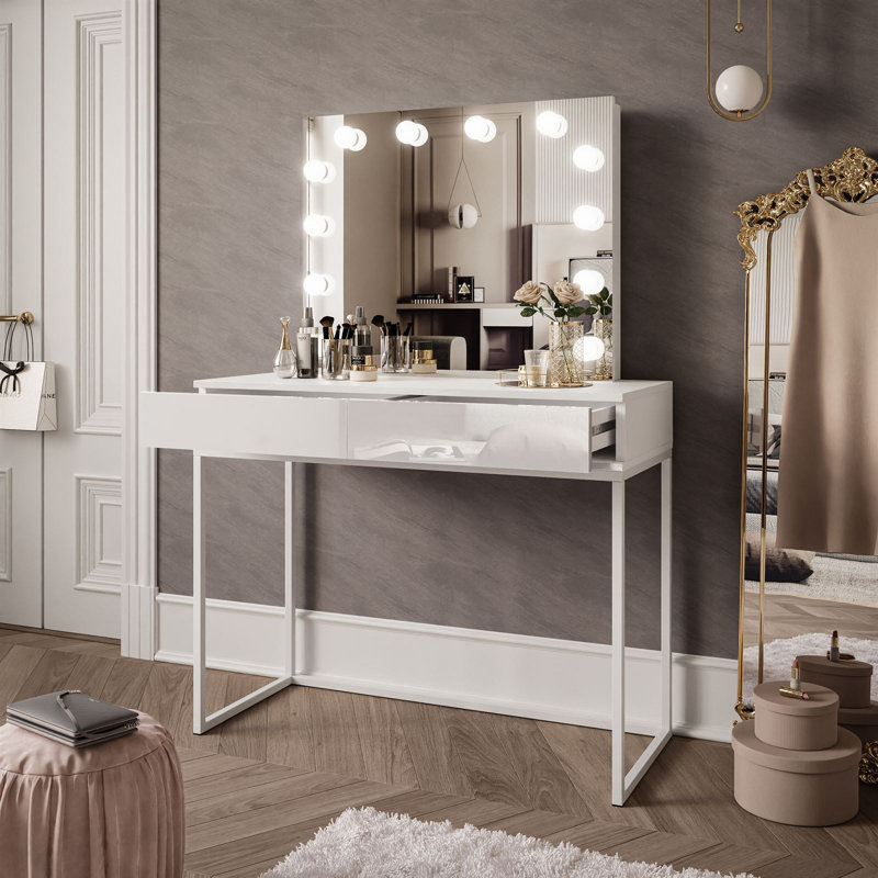 Anashima Dressing Table with Mirror, White/High-gloss white