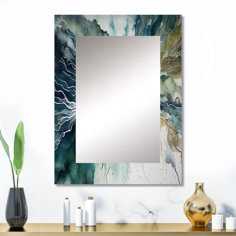 Vert bleu marbré Dreamscape II - miroir mural géométrique unique, miroir moderne, impression d'art en métal, 32 po x 24 po