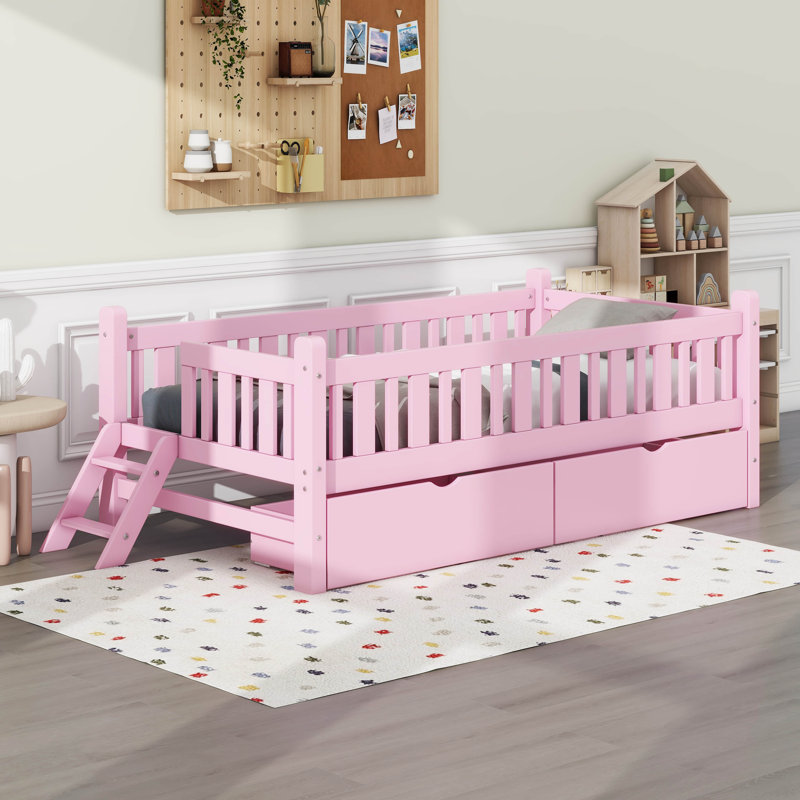 Lit plateforme simple avec garde-corps et 2 tiroirs, Rose