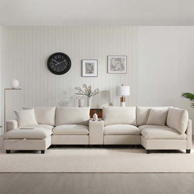 Canapé modulaire surdimensionné de 140 po avec repose-pieds et console de rangement mobile, poches de rangement amovibles, porte-gobelet, siège large, chargeur USB, canapé en velours côtelé à 6 places pour le salon
