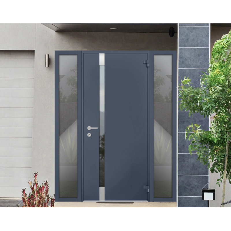 Porte d'entrée extérieure prémontée en acier Cynex 6777 grise, avec 2 fenêtres latérales et supérieures, inserts en acier inoxydable, style moderne, peinte, dimensions : L 12 + 32 + 12 x H 80 + 16, ouverture à gauche vers l'intérieur.