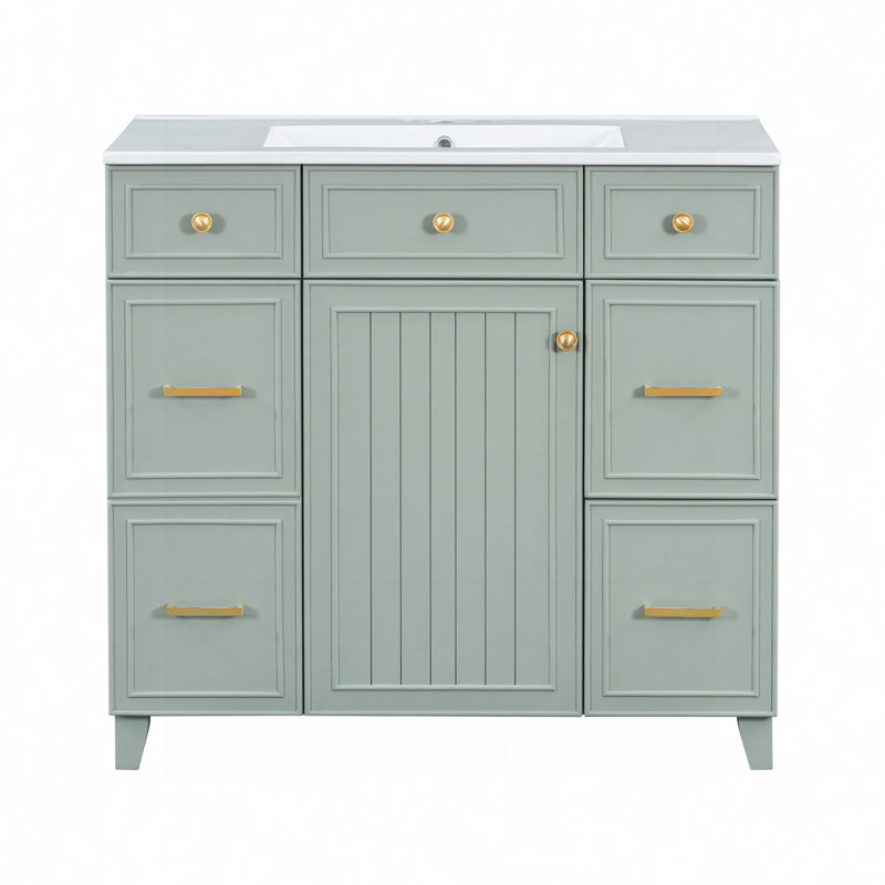 Meuble-lavabo de salle de bain avec lavabo en céramique, structure en bois massif, portes à fermeture en douceur, tablettes réglables, 3 tiroirs, y compris un tiroir à double profondeur pour le rangement du sèche-cheveux
