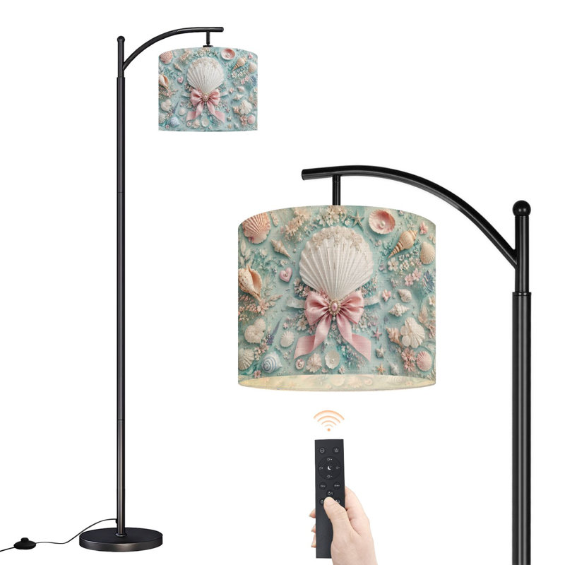  Lampe sur pied à arc en forme de coquillage à motif floral rose et bleu clair, grand lampadaire moderne à DEL, abat-jour réglable en lin, 3 températures de couleur