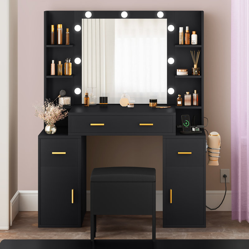 Venette Vanity with Built-In Outlets and Lighted Mirror, Black
