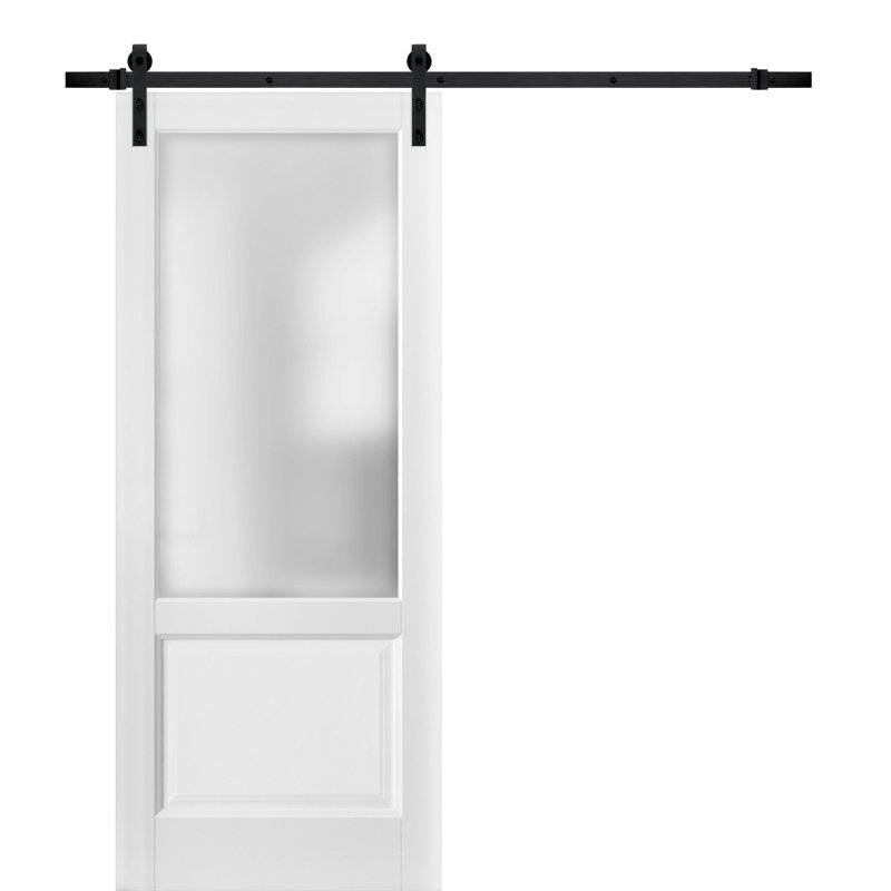 Porte de grange en verre givré blanc Lucia avec trousse de quincaillerie d'installation, 32 po x 96 po