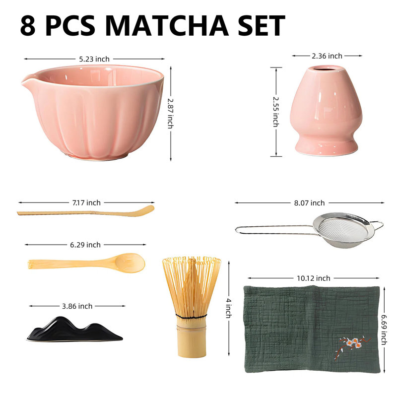 Ensemble matcha 8 pièces de qualité supérieure avec bol en céramique et fouet en bambou - ensemble complet pour débutants (rose)