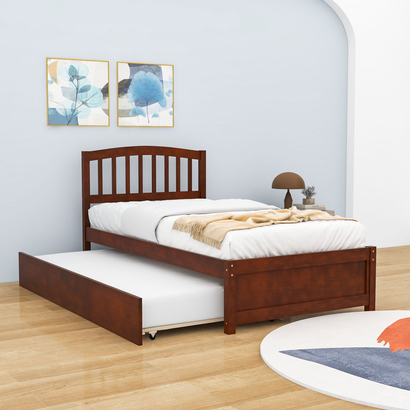 Twin Wood Platform Bed with Twin Trundle, Walnut