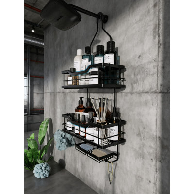 No-Drill Over The Shower Head Caddy Organizer With 3 Tier Storage Baskets, 4 Movable Hooks, Rustproof Stainless Steel Construction For Bathroom