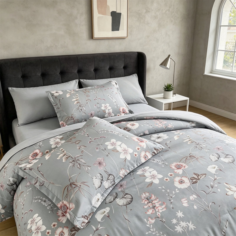 Ensemble d'édredon gris 7 pièces avec draps et taies décoratives dans un sac, Size:King