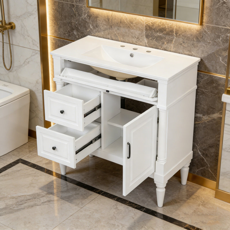 Meuble-lavabo avec lavabo, tiroir rabattable et tablette réglable, Blanc