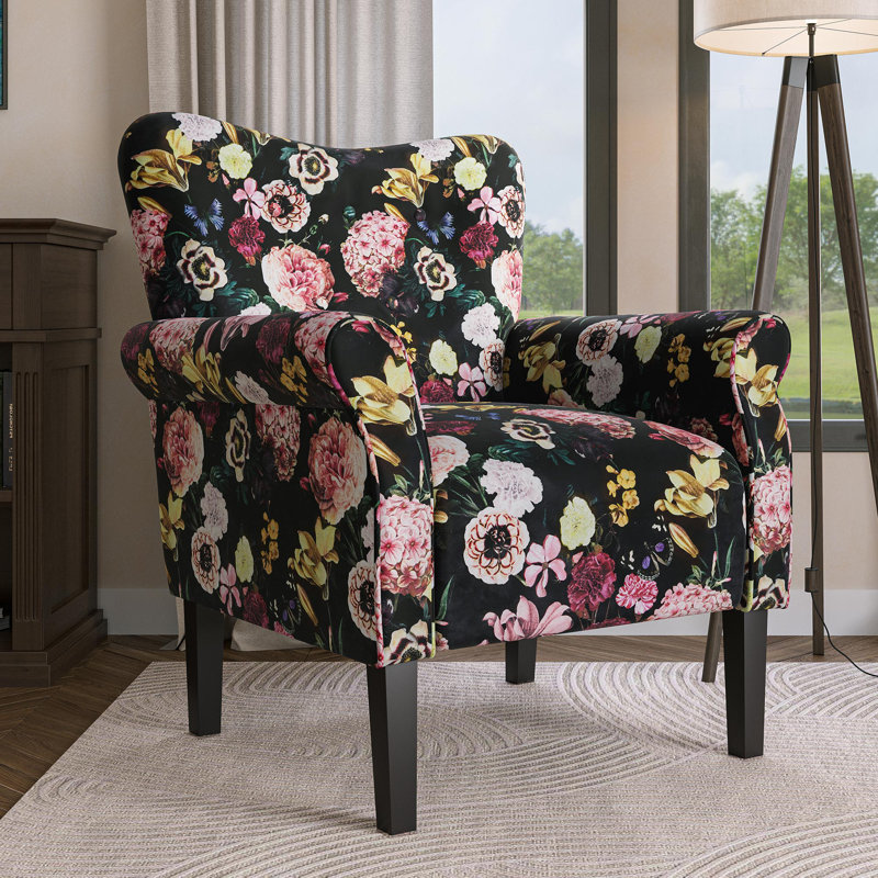   Modern Accent Chair 30.3" Wide High Back Polyester Upholstered Armchair, Black Flower Polyester
