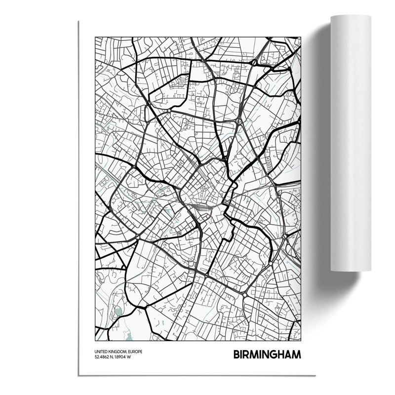Map Birmingham UK - Frameless Print, 59cm H x 42cm W x 0.1cm D