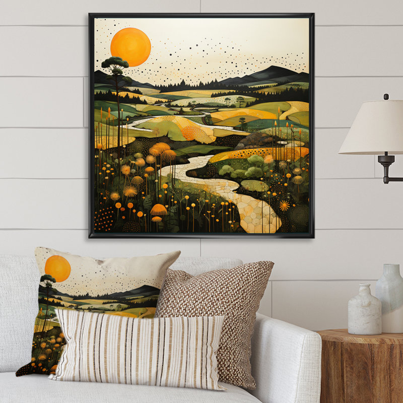 Countryside Reverie Pointillism II - Landscapes Wall Decor, H 16 po x l 16 po x P 1 po, Cadre flottant noir