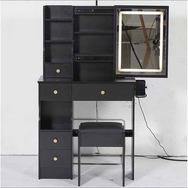 Petit meuble-lavabo de 29,2 po avec tiroir à gauche + tabouret rembourré, 2 blocs d'alimentation CA + 2 ports USB, support pour sèche-cheveux, très grand miroir coulissant à commande tactile à DEL, réglage de la luminosité tricolore, réglage de la luminosité