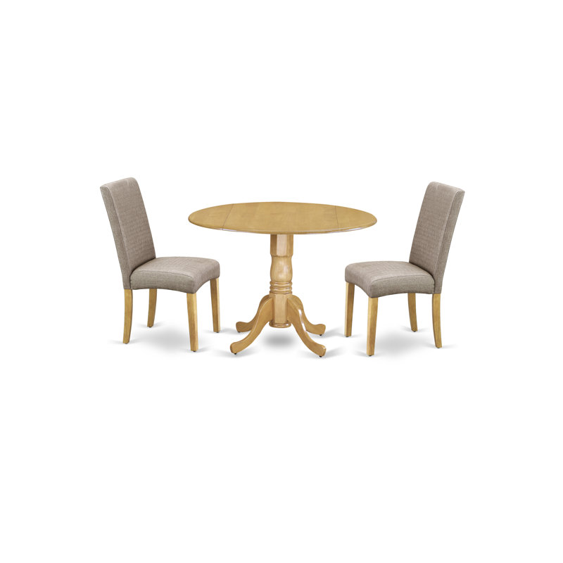3 Piece Dining Room Furniture Set Contains a Round Dining Table with Dropleaf and 2 Dark Khaki Linen Fabric Parsons Chairs, Oak