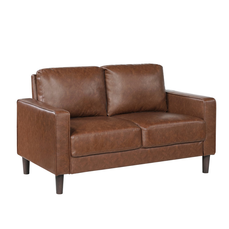 Sofa deux places contemporain en similicuir au chocolat avec rembourrage en mousse et pieds en bois apparents