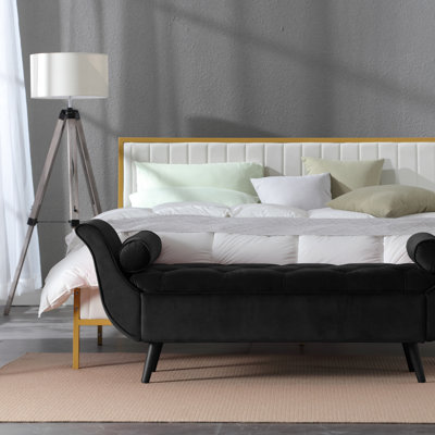 Banc long capitonné rétro de 65 pouces avec repose-pieds en velours avec design rétro et tabouret de style Mid-Century moderne pour le salon, le vestibule de la chambre à coucher