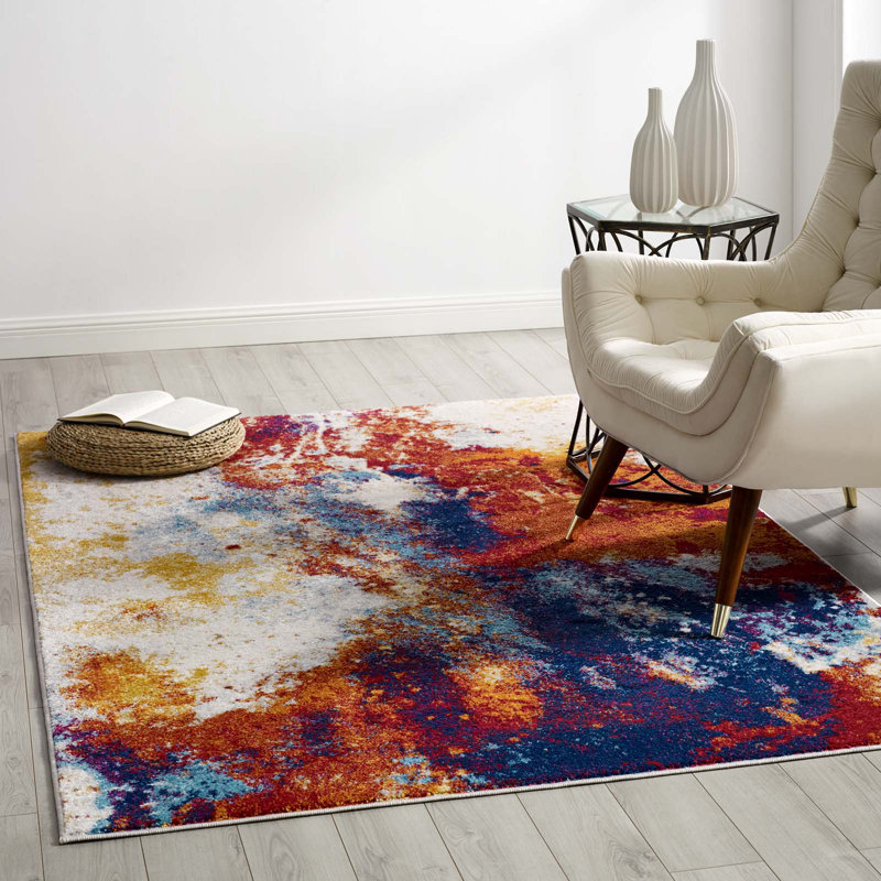 Entourage Adeline Contemporary Modern Abstract Area Rug in Red, Orange, Yellow, Blue, Ivory, Rectangle 8' x 10'
