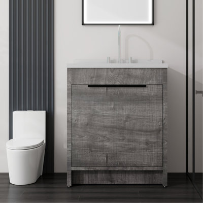 Meuble-lavabo autoportant de 30 po avec lavabo, porte à fermeture douce, comptoir et dosseret en marbre de culture blanc de 2 po Carrara, contreplaqué, gris