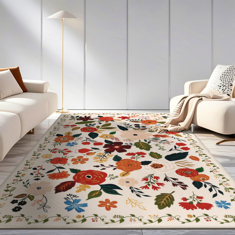 Beige Floral Machine Washable Area Rug with Non-Slip Backing, Rectangle 3' x 5'