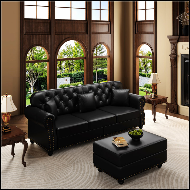Canapé Chesterfield Mid-Century, L 82,6 po, Similicuir noir