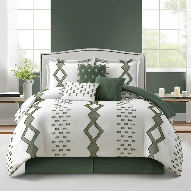 Ensemble d'édredon géométrique 7 pièces Pantissa, Blanc vert, Édredon de grande taille et 6 pièces supplément