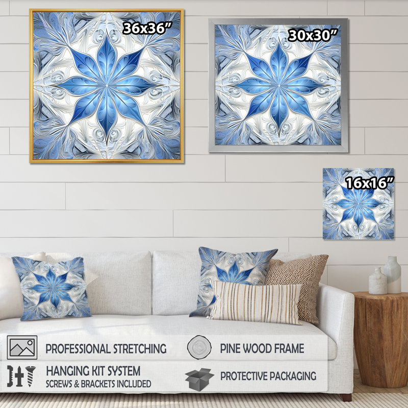 Turquoise et fleurs blanches fractales I - art mural géométrique abstrait, Cadre simple noir, H 36 po x l 36 po x P 1,5 po