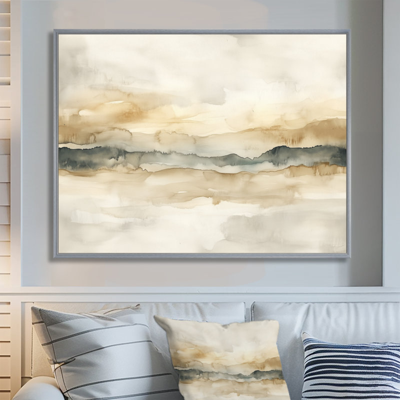 Art mural neutre côtier, décor de toile ondulée, ondulation côtière grise et brune, H 16 po x l 32 po, Encadrement argenté