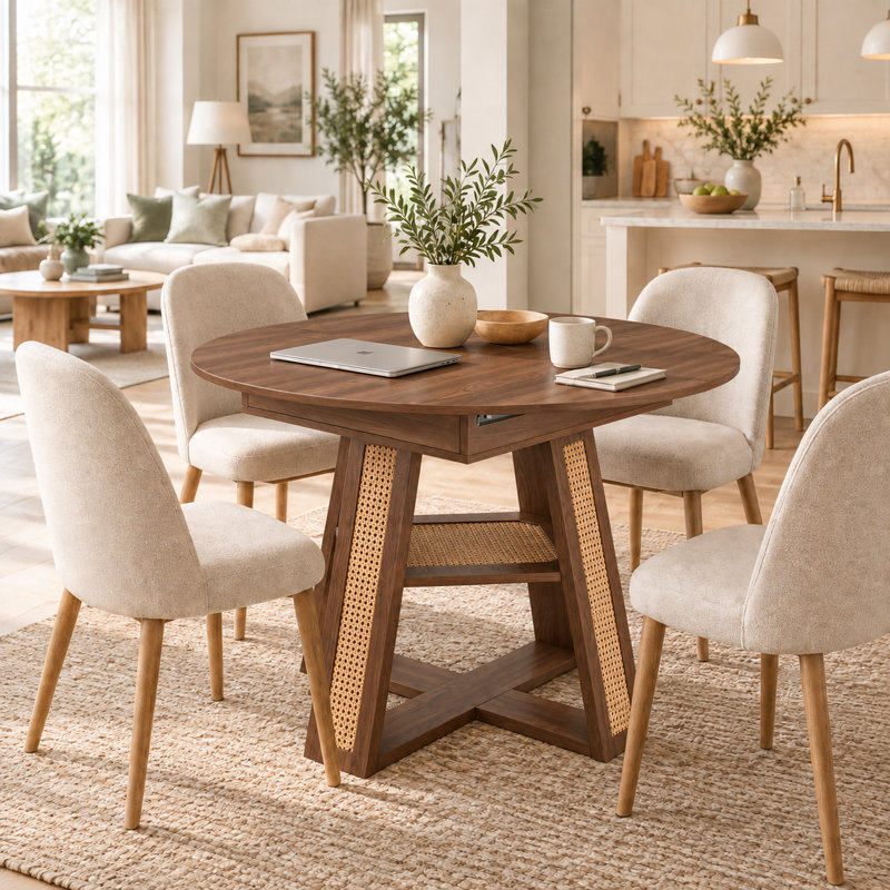 Table de salle à manger ronde extensible de 109 à 150 cm pour 4 à 6 personnes, avec rallonge intégrée et tablette de rangement.