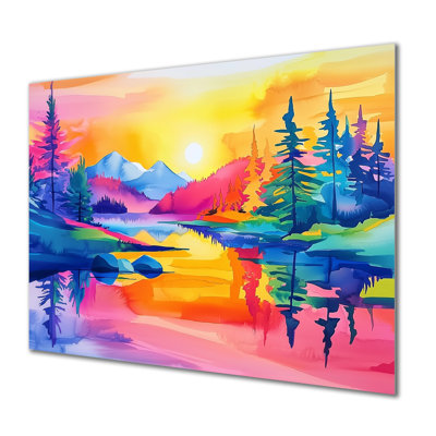 «Lake On The Sunset Mountains Horizons I», impression sur métal, paysages