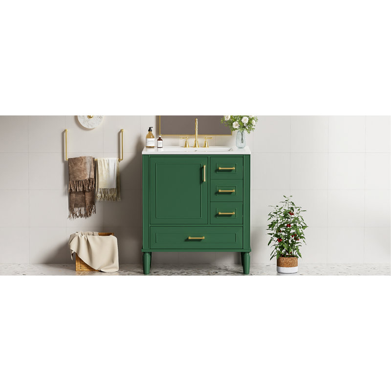 Meuble-lavabo de 30 po avec tiroirs à fermeture en douceur, lavabo en céramique, poignées dorées, convient aux petites salles de bain de 30 po, trois portes, idéal pour les espaces de bain
