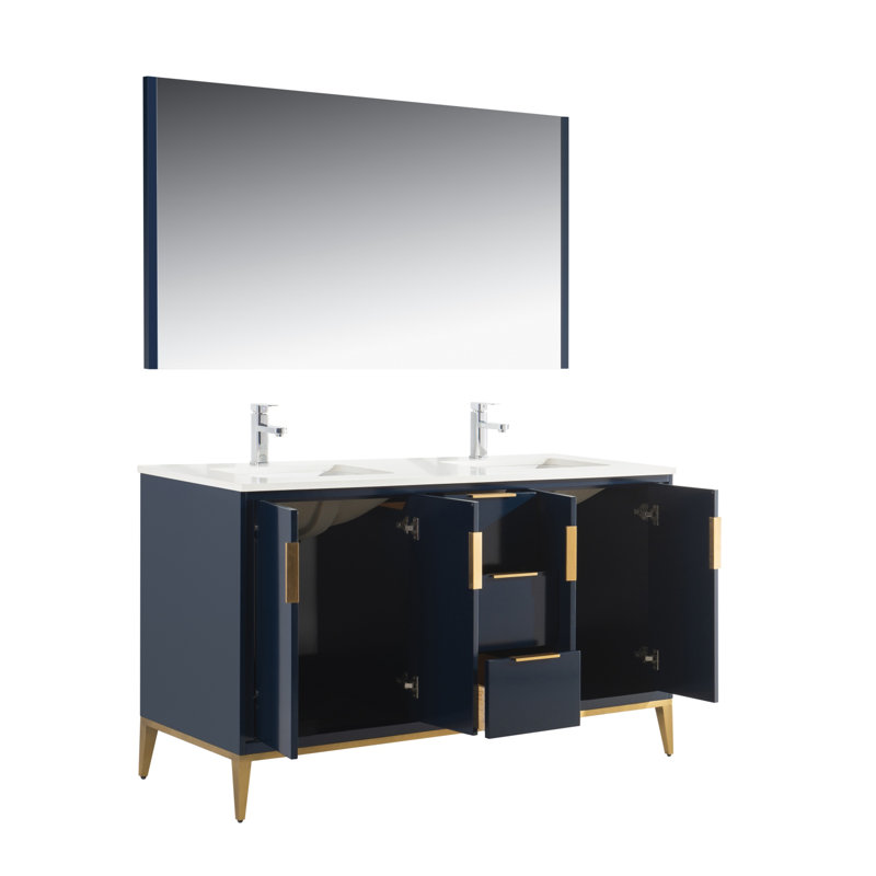 Brooksby 60'' Gloss White Vanity W/ Quartz Counter Top (back Splash Free), Blanc