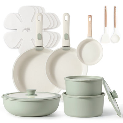 CAROTE 18-Piece Nonstick Cookware Set with Detachable Handle, Green