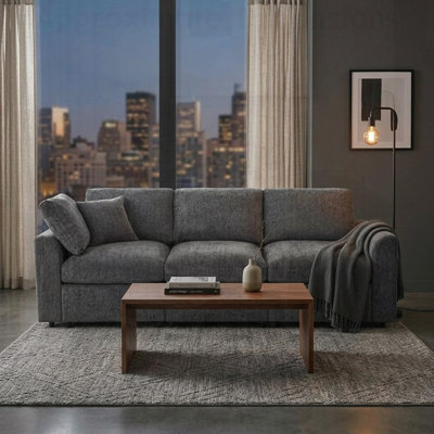 Modern 3-Seater Sofa, Chenille Upholstered Couch with Solid Wood Frame, Comfortable Living Room Furniture with 1 Throw Pillow, Deep Seating for Apartm
