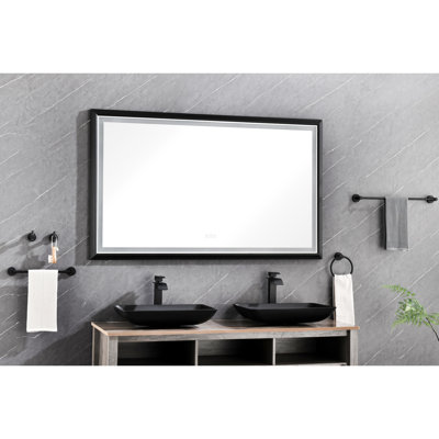 Miroir de salle de bain 60 po x 36 po à DEL, cadre en aluminium avec brouillard, 3 options de couleur, contrôle en continu, miroir noir mat 60 x 36 à utiliser, cadre, choix, intensité variable, finition