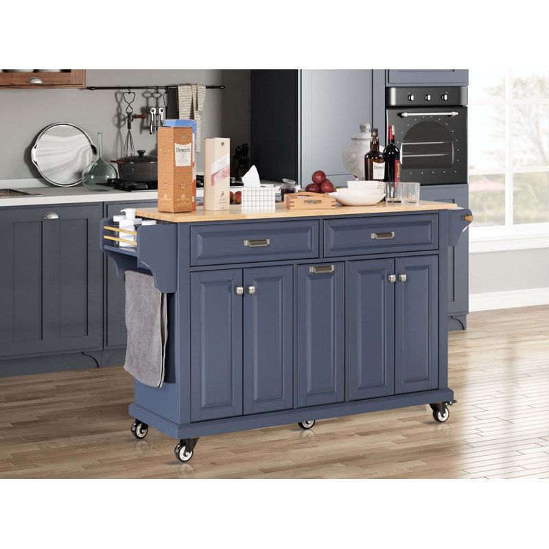Cavid Solid Wood Top Kitchen Cart, Blue