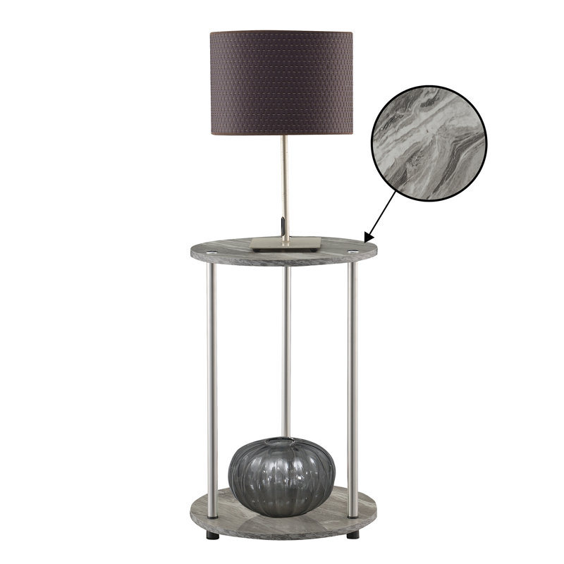 Table de bout ronde avec rangement Edwin, Gris faux marbre / chrome