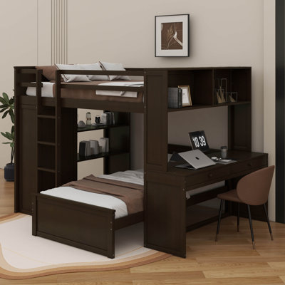 Lit mezzanine double avec lit simple attaché, étagère, bureau et garde-robe