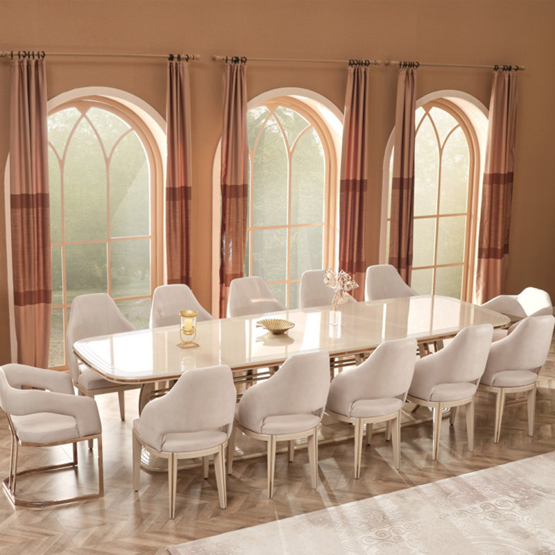 Luxurious Beige Velvet Dining Set With Gold Accents – Multiple Seating Options Available, 13, 31"H x 130"L x 43"W