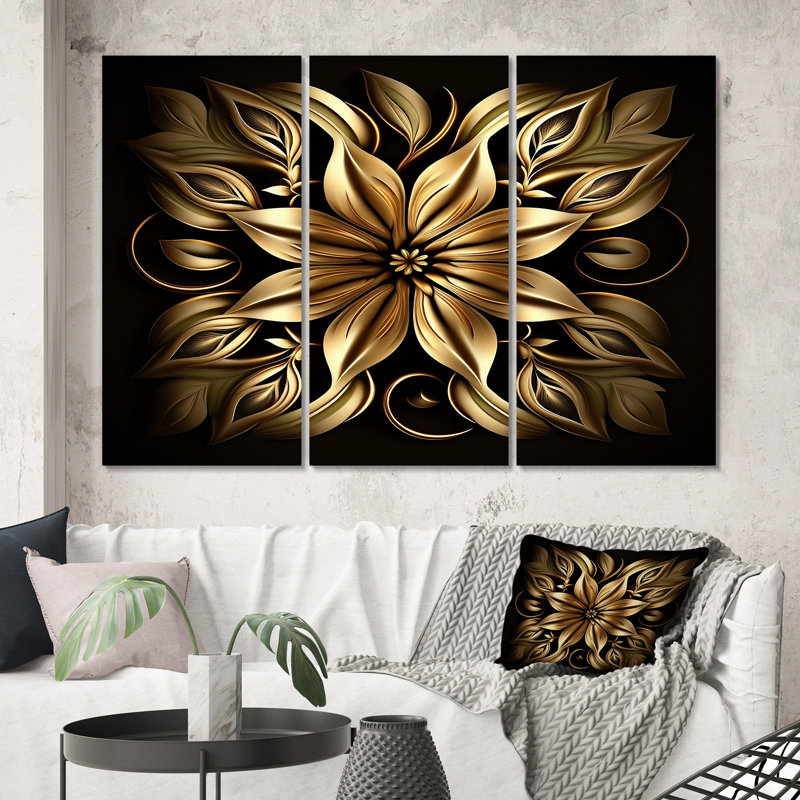 Lys doré sur fond noir - impression sur toile 3 pièces, H 32 po x l 48 po x P 1 po, Toile tendue