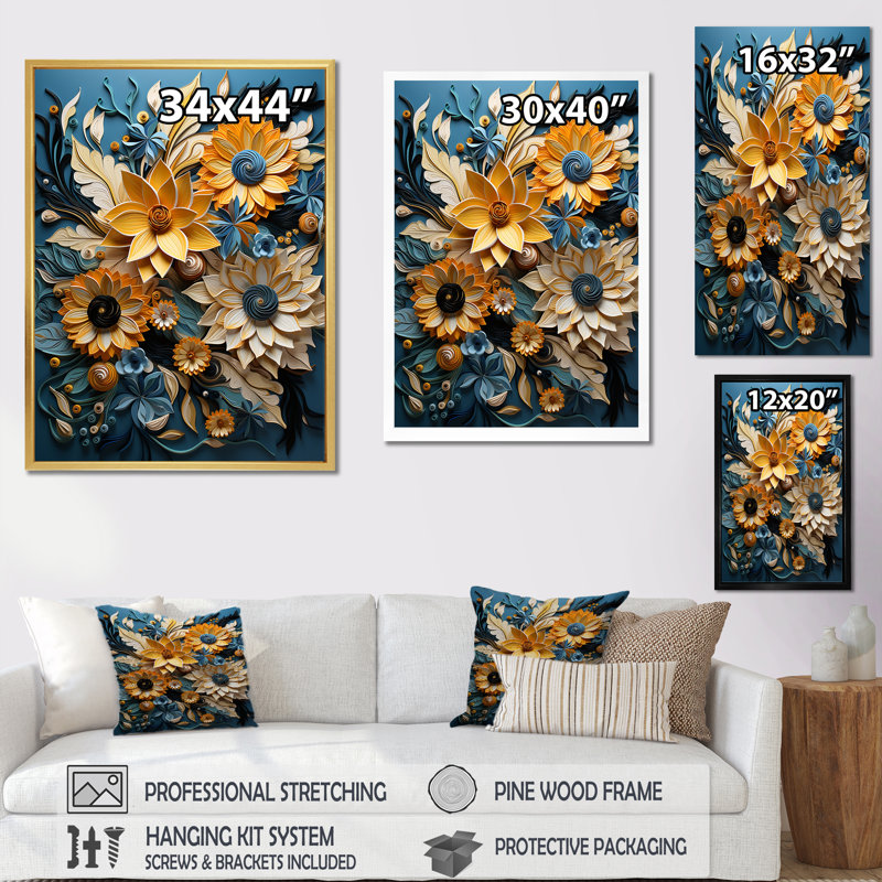 Tournesols abstraits bleus et beiges, Cadre flottant noir, H 20 po x l 12 po x P 1 po