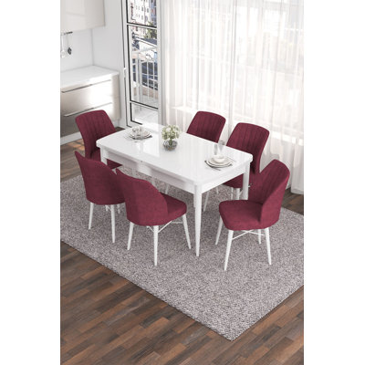 Ensemble de table et chaises de salle à manger moderne extensible (7 pièces), blanc et bourgogne | 52,0 po x 31,0 po x 31,5 po (extension: 67,0 po x 31,0 po x 31,5 po) | 100% panneau de fibres à densité moyenne avec pieds en bois, structure en métal, tissu Jerry | Siège confortable en mousse haute densité